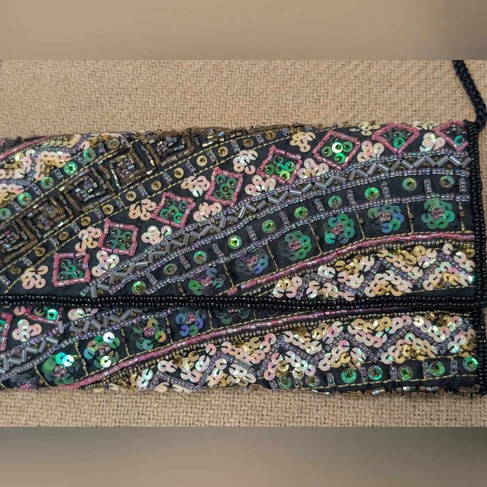 Beaded Sequin Evening Clutch Bag in Black Multi